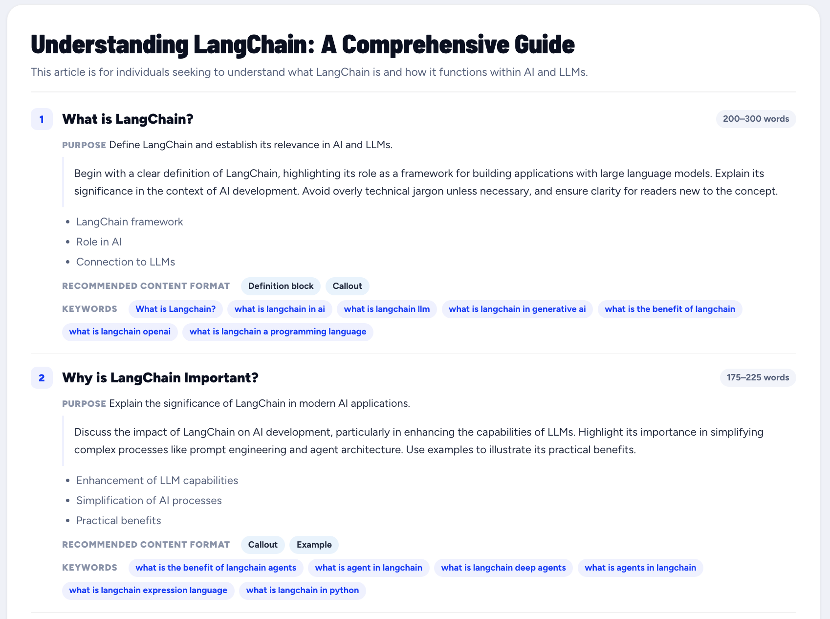 AI Content Brief outline for Understanding LangChain: sections with purpose, word counts, content formats and keywords
